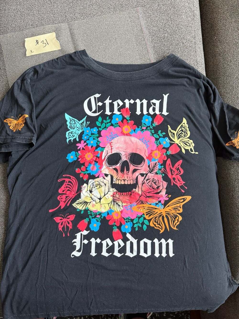 Orange Kiss 'Eternal Freedom'  T-Shirt with Skull, Floral, and Butterfly Print